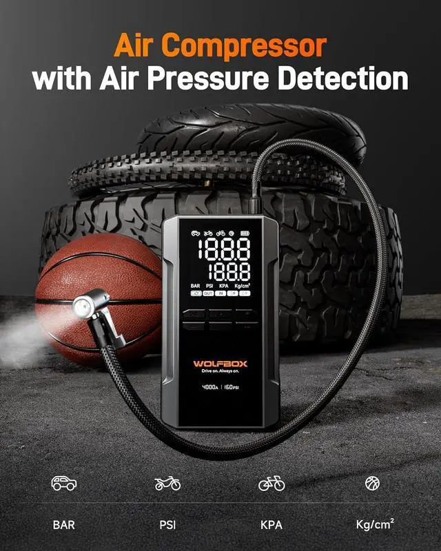Alt view image 5 of 7 - WOLFBOX 4000A Jump Starter & Tire Inflator - 160PSI Air Compressor, 24000mAh 12V Car Booster, 65W Fast Charge for Gas/Diesel Engines, LED Display, Cables