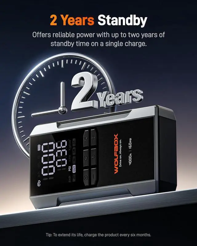 Alt view image 6 of 7 - WOLFBOX 4000A Jump Starter & Tire Inflator - 160PSI Air Compressor, 24000mAh 12V Car Booster, 65W Fast Charge for Gas/Diesel Engines, LED Display, Cables