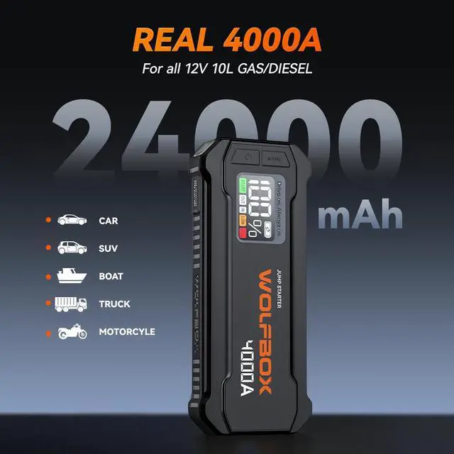 Alt view image 6 of 7 - WOLFBOX JS24 4000A Black Jump Starter,12V Car Battery Jump Starter Without PD65W fast charger, 24000mAh Portable Jump Starter Battery Pack(10L Gas 10L Diesel Engine) with Booster,LED Light