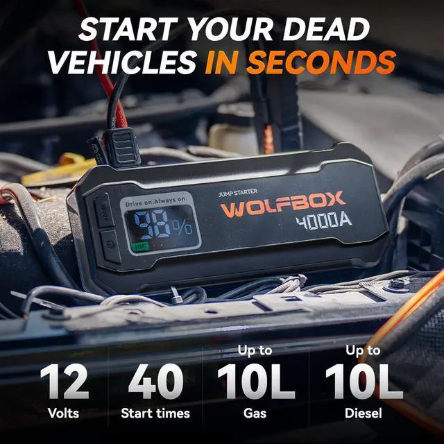 Alt view image 3 of 7 - WOLFBOX JS24 4000A Black Jump Starter,12V Car Battery Jump Starter Without PD65W fast charger, 24000mAh Portable Jump Starter Battery Pack(10L Gas 10L Diesel Engine) with Booster,LED Light