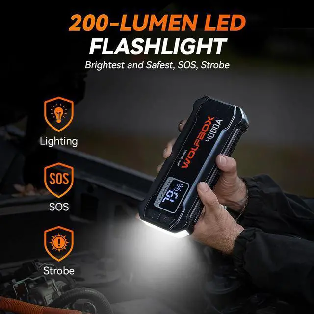 Alt view image 5 of 7 - WOLFBOX JS24 4000A Black Jump Starter,12V Car Battery Jump Starter Without PD65W fast charger, 24000mAh Portable Jump Starter Battery Pack(10L Gas 10L Diesel Engine) with Booster,LED Light