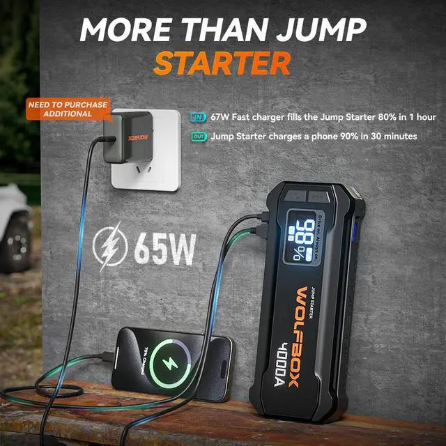 Alt view image 2 of 7 - WOLFBOX JS24 4000A Black Jump Starter,12V Car Battery Jump Starter Without PD65W fast charger, 24000mAh Portable Jump Starter Battery Pack(10L Gas 10L Diesel Engine) with Booster,LED Light