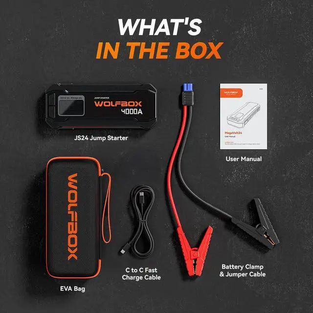 Alt view image 7 of 7 - WOLFBOX JS24 4000A Black Jump Starter,12V Car Battery Jump Starter Without PD65W fast charger, 24000mAh Portable Jump Starter Battery Pack(10L Gas 10L Diesel Engine) with Booster,LED Light
