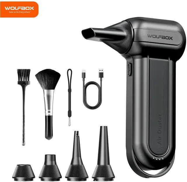 Main image of WOLFBOX Cordless Air Duster, 150000RPM High-Speed, Rechargeable, 3-Speed Mini Blower for PC, Keyboard, Outdoor Use, Snow & Auto Cleaning - Long-Lasting Battery, Black