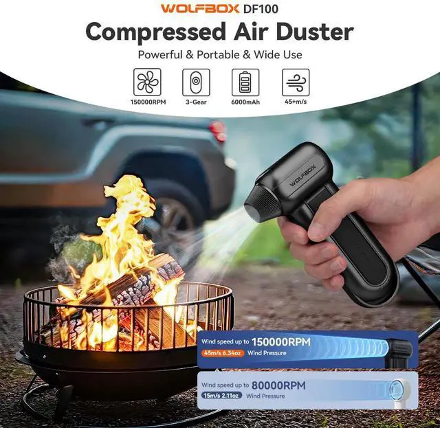 Alt view image 2 of 7 - WOLFBOX Cordless Air Duster, 150000RPM High-Speed, Rechargeable, 3-Speed Mini Blower for PC, Keyboard, Outdoor Use, Snow & Auto Cleaning - Long-Lasting Battery, Black
