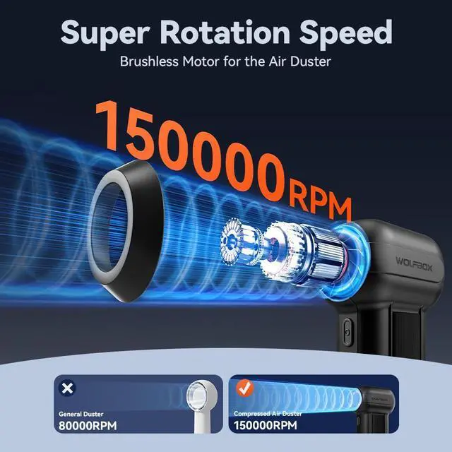 Alt view image 3 of 7 - WOLFBOX Cordless Air Duster, 150000RPM High-Speed, Rechargeable, 3-Speed Mini Blower for PC, Keyboard, Outdoor Use, Snow & Auto Cleaning - Long-Lasting Battery, Black