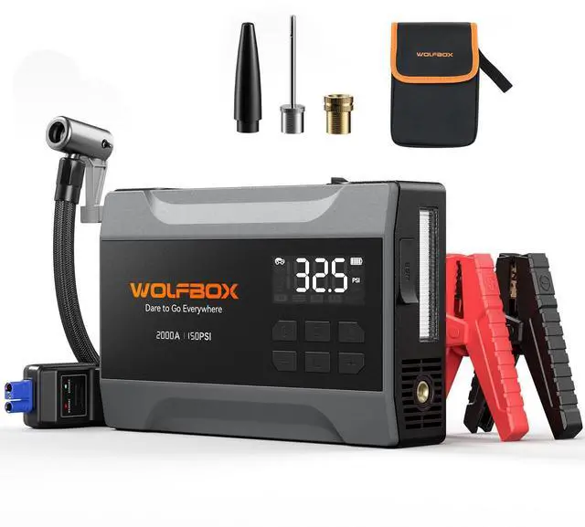 Main image of WOLFBOX 2000A Jump Starter with Air Compressor, 10000mAh Car Battery Jumper Starter Portable (up to 5L Gas Engine) with 150PSI Tire Inflator, 12V Jump Box with Jumper Cables, Boost, LED Light