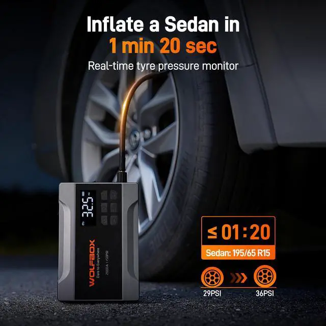 Alt view image 4 of 7 - WOLFBOX 2000A Jump Starter with Air Compressor, 10000mAh Car Battery Jumper Starter Portable (up to 5L Gas Engine) with 150PSI Tire Inflator, 12V Jump Box with Jumper Cables, Boost, LED Light