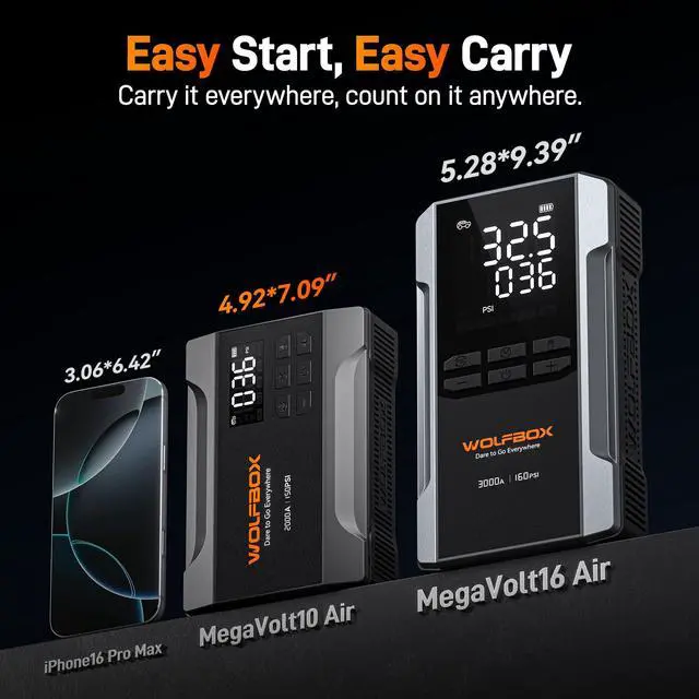 Alt view image 5 of 7 - WOLFBOX 2000A Jump Starter with Air Compressor, 10000mAh Car Battery Jumper Starter Portable (up to 5L Gas Engine) with 150PSI Tire Inflator, 12V Jump Box with Jumper Cables, Boost, LED Light