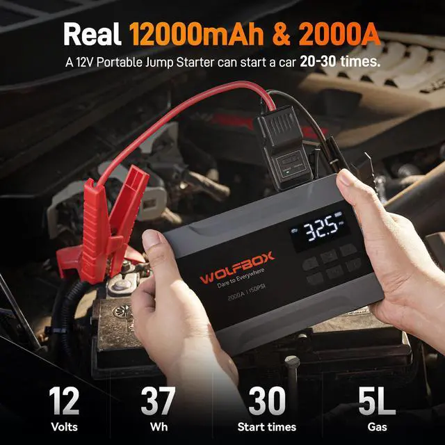 Alt view image 2 of 7 - WOLFBOX 2000A Jump Starter with Air Compressor, 10000mAh Car Battery Jumper Starter Portable (up to 5L Gas Engine) with 150PSI Tire Inflator, 12V Jump Box with Jumper Cables, Boost, LED Light