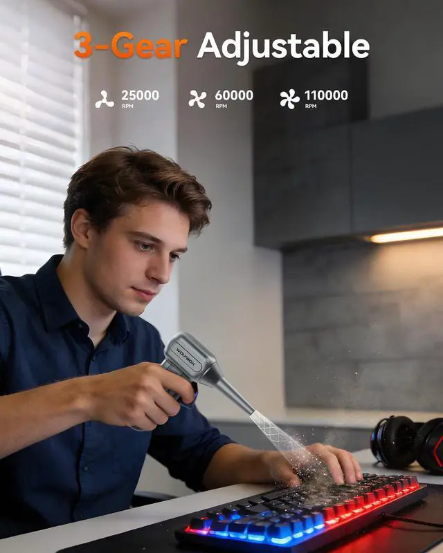 Alt view image 3 of 7 - WOLFBOX Compressed Air Duster, 110000RPM Electric Air Duster, 3-Gear Rechargeable Cordless Air Blower for Computer Keyboard, Portable Air Blower with 5 Nozzle, Fast Charge, Gray