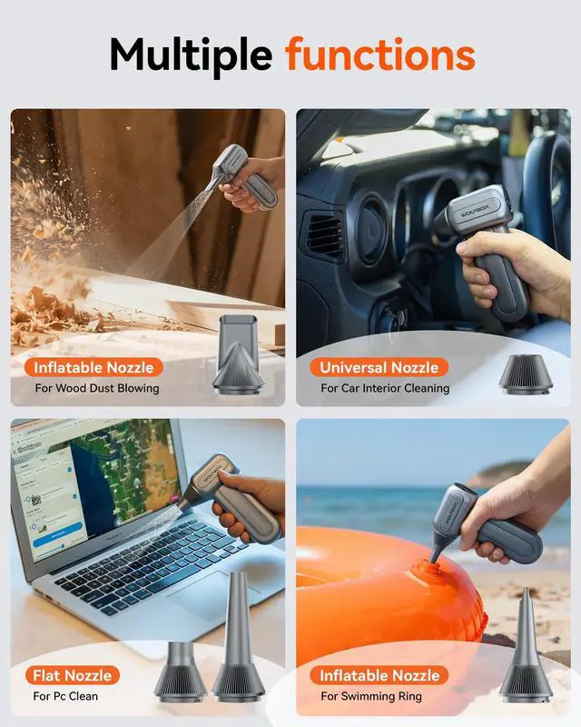 Alt view image 7 of 7 - WOLFBOX Compressed Air Duster, 110000RPM Electric Air Duster, 3-Gear Rechargeable Cordless Air Blower for Computer Keyboard, Portable Air Blower with 5 Nozzle, Fast Charge, Gray