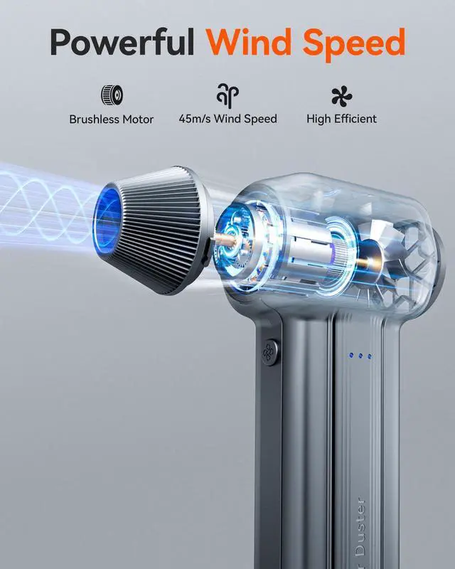 Alt view image 2 of 7 - WOLFBOX Compressed Air Duster, 110000RPM Electric Air Duster, 3-Gear Rechargeable Cordless Air Blower for Computer Keyboard, Portable Air Blower with 5 Nozzle, Fast Charge, Gray