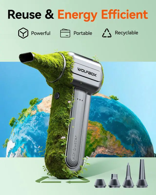 Alt view image 6 of 7 - WOLFBOX Compressed Air Duster, 110000RPM Electric Air Duster, 3-Gear Rechargeable Cordless Air Blower for Computer Keyboard, Portable Air Blower with 5 Nozzle, Fast Charge, Gray