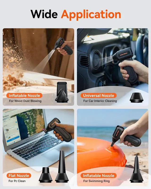 Alt view image 7 of 7 - WOLFBOX Compressed Air Duster, 110000RPM Electric Air Duster, 3-Gear Rechargeable Cordless Air Blower for Computer Keyboard, Portable Air Blower with 5 Nozzle, Fast Charge