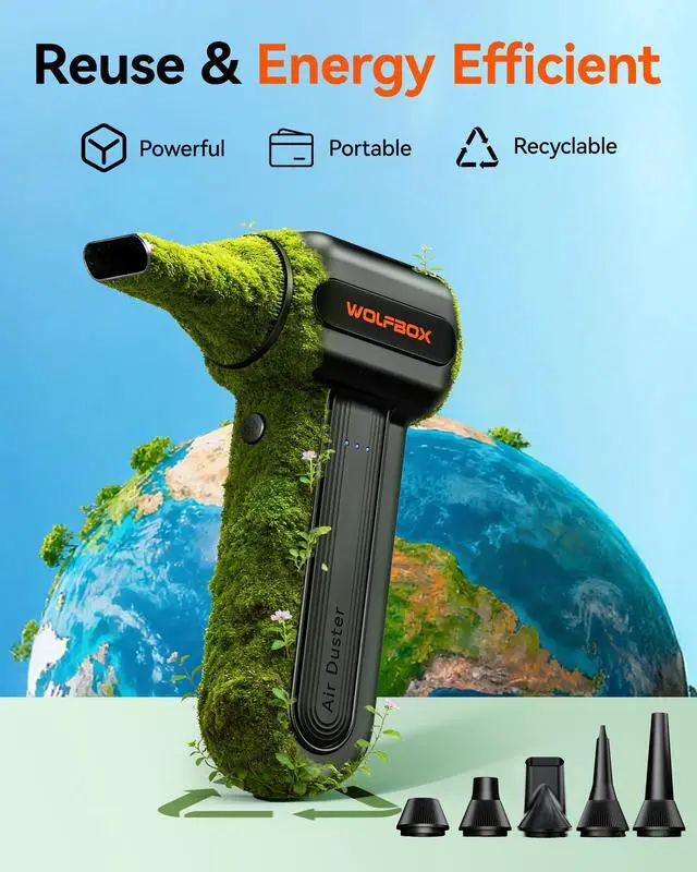 Alt view image 6 of 7 - WOLFBOX Compressed Air Duster, 110000RPM Electric Air Duster, 3-Gear Rechargeable Cordless Air Blower for Computer Keyboard, Portable Air Blower with 5 Nozzle, Fast Charge