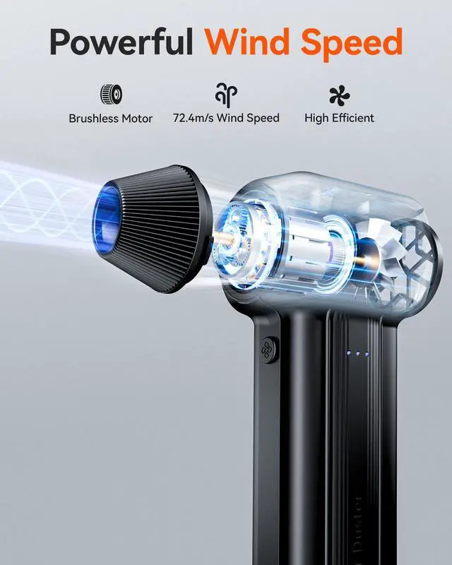 Alt view image 2 of 7 - WOLFBOX Compressed Air Duster, 110000RPM Electric Air Duster, 3-Gear Rechargeable Cordless Air Blower for Computer Keyboard, Portable Air Blower with 5 Nozzle, Fast Charge