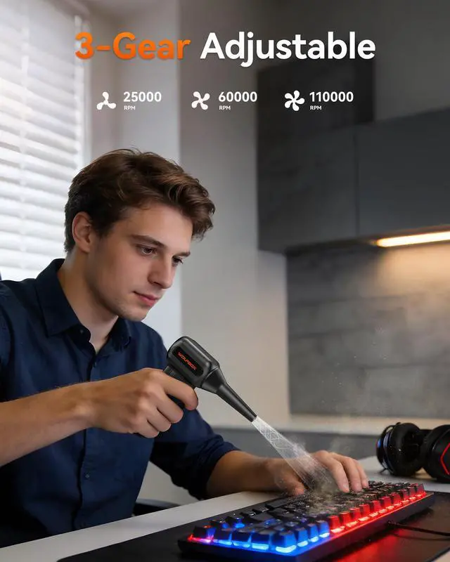 Alt view image 3 of 7 - WOLFBOX Compressed Air Duster, 110000RPM Electric Air Duster, 3-Gear Rechargeable Cordless Air Blower for Computer Keyboard, Portable Air Blower with 5 Nozzle, Fast Charge