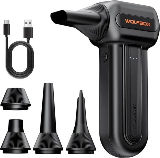 Main image of WOLFBOX Compressed Air Duster, 110000RPM Electric Air Duster, 3-Gear Rechargeable Cordless Air Blower for Computer Keyboard, Portable Air Blower with 5 Nozzle, Fast Charge