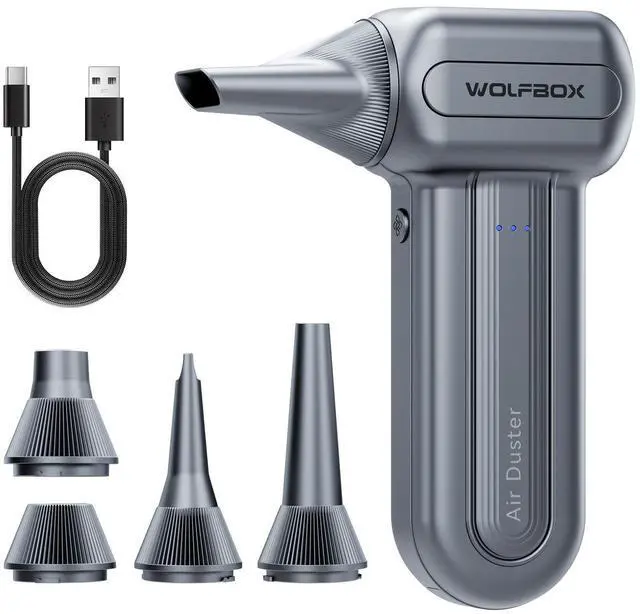 Main image of WOLFBOX Compressed Air Duster, 110000RPM Electric Air Duster, 3-Gear Rechargeable Cordless Air Blower for Computer Keyboard, Portable Air Blower with 5 Nozzle, Fast Charge, Gray