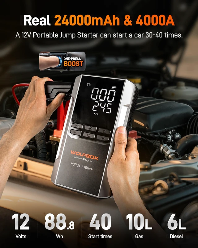 Alt view image 2 of 7 - WOLFBOX 4000A Jump Starter & Tire Inflator - 160PSI Air Compressor, 24000mAh 12V Car Booster, 65W Fast Charge for Gas/Diesel Engines, LED Display, Cables