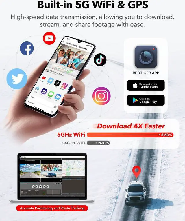 Alt view image 5 of 7 - REDTIGER 4K 3 Channel Dash Cam, 5G WiFi Front and Rear Inside, Free 64GB SD Card, Triple Car Camera Built-in GPS, 4K+1080P+1080P 3 inch IPS Screen, IR Night Vision, WDR, G-Sensor, Parking Mode (F17)