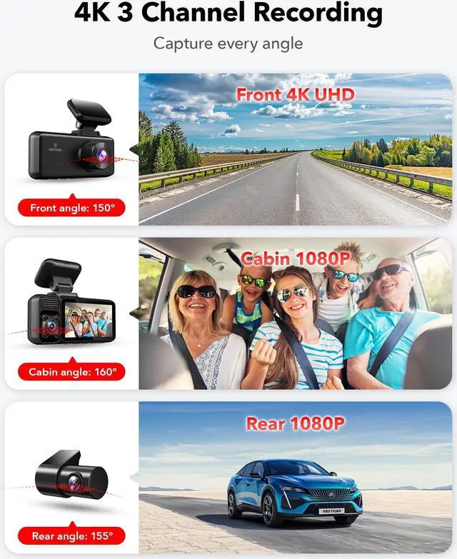 Alt view image 2 of 7 - REDTIGER 4K 3 Channel Dash Cam, 5G WiFi Front and Rear Inside, Free 64GB SD Card, Triple Car Camera Built-in GPS, 4K+1080P+1080P 3 inch IPS Screen, IR Night Vision, WDR, G-Sensor, Parking Mode (F17)