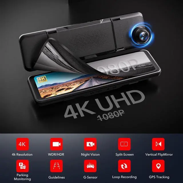 Alt view image 3 of 7 - REDTIGER Rear View Mirror Camera 11'' UHD 4K Front and 1080P Rear View Mirror Dual Cameras for Cars,GPS,Parking Monitor,Night Vision,Smart Reverse Parking Assistance,Touchscreen,Free 32 GB Card