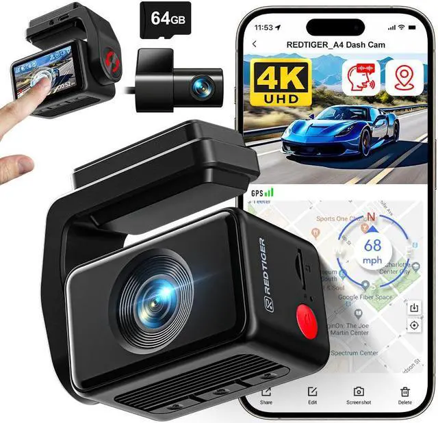 Main image of REDTIGER A4 Dash Cam Front and Rear with 5.8GHz WiFi, 2" Touch Screen, and Free 64GB Card  Advanced Car DVR with Parking Monitoring and Loop Recording