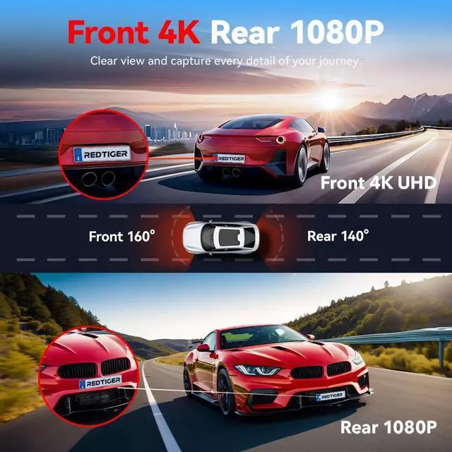 Alt view image 4 of 7 - REDTIGER A4 Dash Cam Front and Rear with 5.8GHz WiFi, 2" Touch Screen, and Free 64GB Card  Advanced Car DVR with Parking Monitoring and Loop Recording