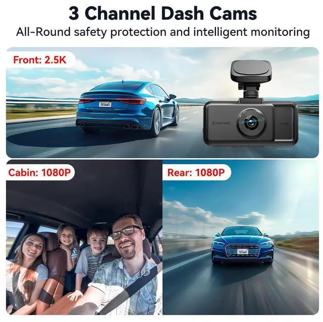 Alt view image 2 of 7 - REDTIGER A6 Dash Cam 3 channels, 2.5K Full HD Dash Camera for Cars, Included 64GB Card, Built-in 5.8GWiFi and GPS, 3 Touch Screen, Night Vision, 24H Parking Mode