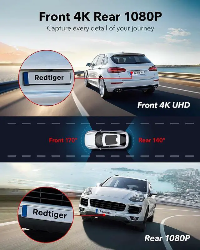 Alt view image 2 of 7 - REDTIGER F7N Touch 4K Dash Cam Front and Rear, Touch Screen 3.18 Inch, Free 64GB Card, Car Dash Camera Built-in 5.8GHz WiFi GPS, UHD 2160P Night Vision, WDR, Parking Monitor