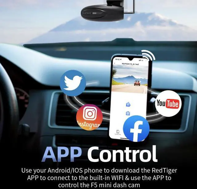 Alt view image 4 of 6 - REDTIGER F5 Dash Cam Camera APP Control Dashboard Camera Recorder and Hardwire kit1080P Full HD,Smart Dash Camera for Cars,360 Degree Rotation,APP Control,Loop
