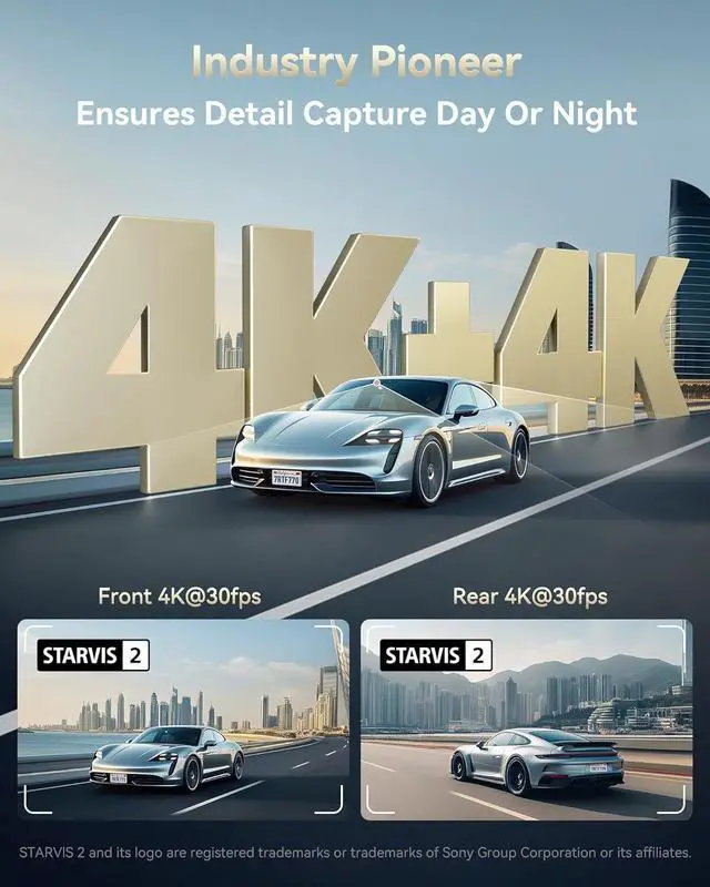Alt view image 3 of 7 - REDTIGER F77 V2 Dual 4K+4K Dash Cam with 256GB eMMC, STARVIS 2 IMX678 Front and Rear Dash Camera with Dual HDR, Voice Control, 4'' Touch Screen, Built-in 5.8GHz WiFi GPS, HDR Night Vision