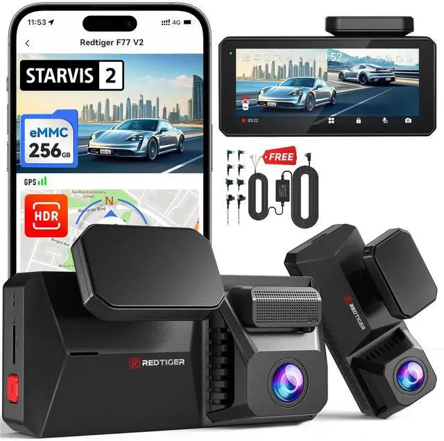 Main image of REDTIGER F77 V2 Dual 4K+4K Dash Cam with 256GB eMMC, STARVIS 2 IMX678 Front and Rear Dash Camera with Dual HDR, Voice Control, 4'' Touch Screen, Built-in 5.8GHz WiFi GPS, HDR Night Vision
