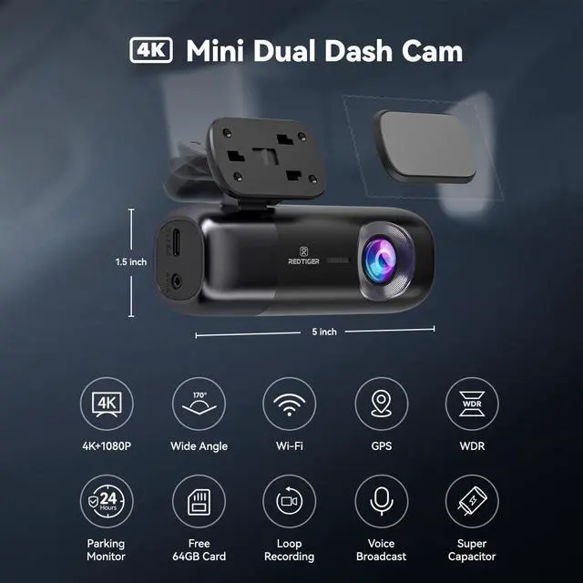 Alt view image 2 of 7 - REDTIGER Dash Cam 4K Front and Rear 1080P, WiFi GPS Car Camera with Free 64GB SD Card, Dual Dash Camera for Cars, Loop Recording, Night Vision, Parking Mode, Smart App Control, Support 256GB Max