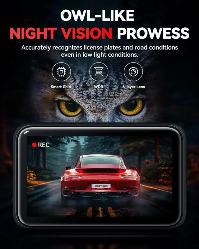 Alt view image 5 of 7 - REDTIGER 4K Dash Cam Front,2.2 inch Mini Car Camera,2160P UHD Touch Screen,Voice Control,Included 32GB Card,Night Vision,Built-in GPS,WiFi APP Control,Loop Recording