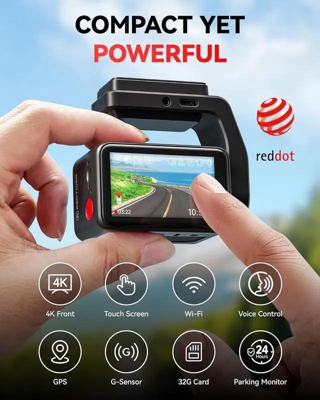 Alt view image 2 of 7 - REDTIGER 4K Dash Cam Front,2.2 inch Mini Car Camera,2160P UHD Touch Screen,Voice Control,Included 32GB Card,Night Vision,Built-in GPS,WiFi APP Control,Loop Recording