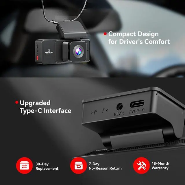 Alt view image 4 of 7 - REDTIGER A3 Dash Camera, 3 Channel, 2.5K Front + 1080P Dash Cam Front and Rear and Inside, Free 32GB Card, WiFi Car Security Camera, WDR Night Vision, 24H Parking Monitor