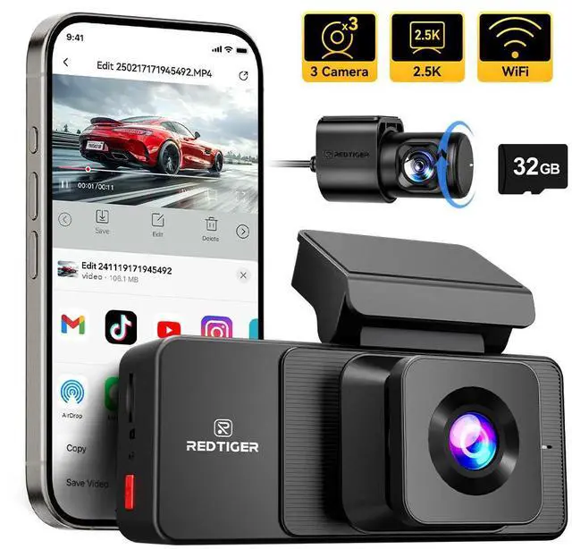 Main image of REDTIGER A3 Dash Camera, 3 Channel, 2.5K Front + 1080P Dash Cam Front and Rear and Inside, Free 32GB Card, WiFi Car Security Camera, WDR Night Vision, 24H Parking Monitor