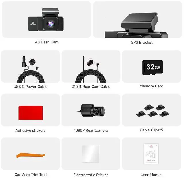Alt view image 7 of 7 - REDTIGER A3 Dash Camera, 3 Channel, 2.5K Front + 1080P Dash Cam Front and Rear and Inside, Free 32GB Card, WiFi Car Security Camera, WDR Night Vision, 24H Parking Monitor