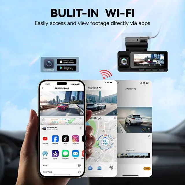 Alt view image 5 of 7 - REDTIGER A3 Dash Camera, 3 Channel, 2.5K Front + 1080P Dash Cam Front and Rear and Inside, Free 32GB Card, WiFi Car Security Camera, WDR Night Vision, 24H Parking Monitor
