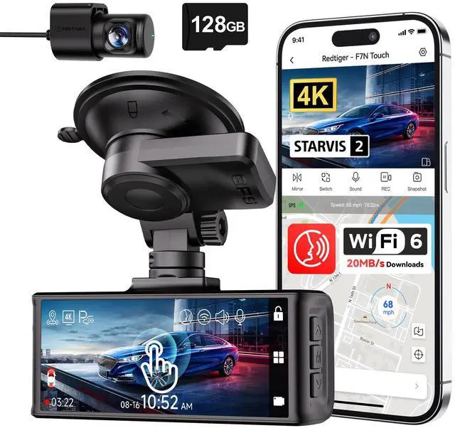Redtiger 4K Touchscreen Dash Cam, STARVIS 2 Sensor, Front & Rear Car Camera w/ GPS, 5.8GHz WiFi, Voice Control, Night Vision, 24H Parking Mode + 128GB Card