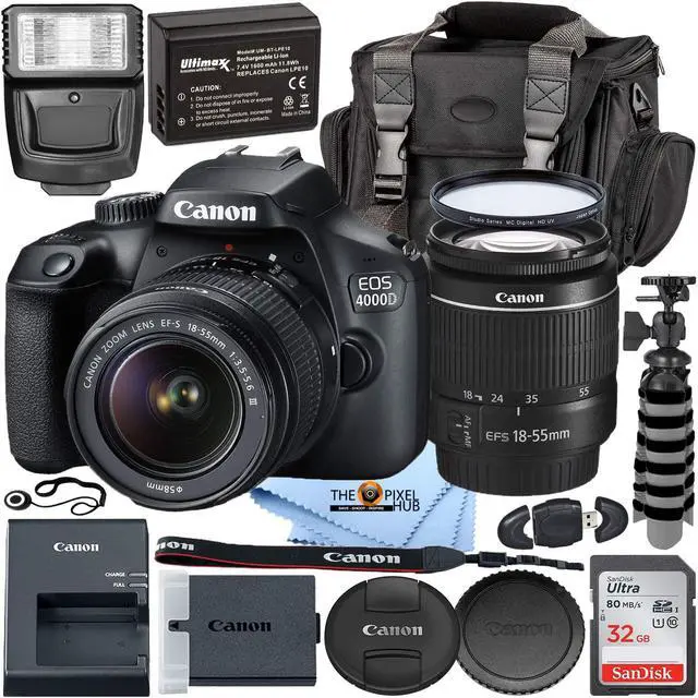 Main image of Canon EOS 4000D w/EF-S 18-55mm f/3.5-5.6 III Lens with Professional Accessory Bundle - Includes: Spare LPE10 Battery, Slave Flash, Large Gadget Bag with Dual Buckles & Much More