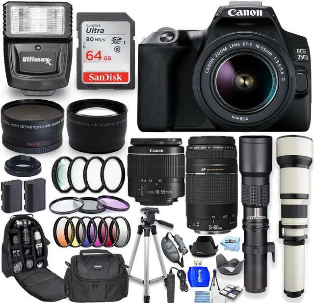 Main image of Canon EOS 250D/Rebel SL3 18-55mm + 75-300mm + 500mm + 650-1300mm 64GB Bundle