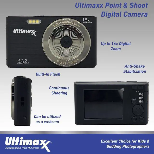 Alt view image 3 of 5 - Ultimaxx 44MP Digital Compact Camera with 16x Digital Zoom w/ 32GB Card Kit