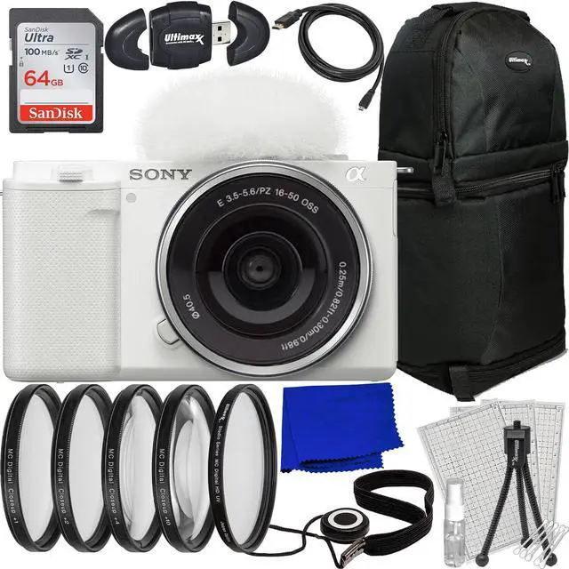 Main image of Sony ZV-E10 Mirrorless Camera with 16-50mm Lens (White) - 10PC Accessory Bundle