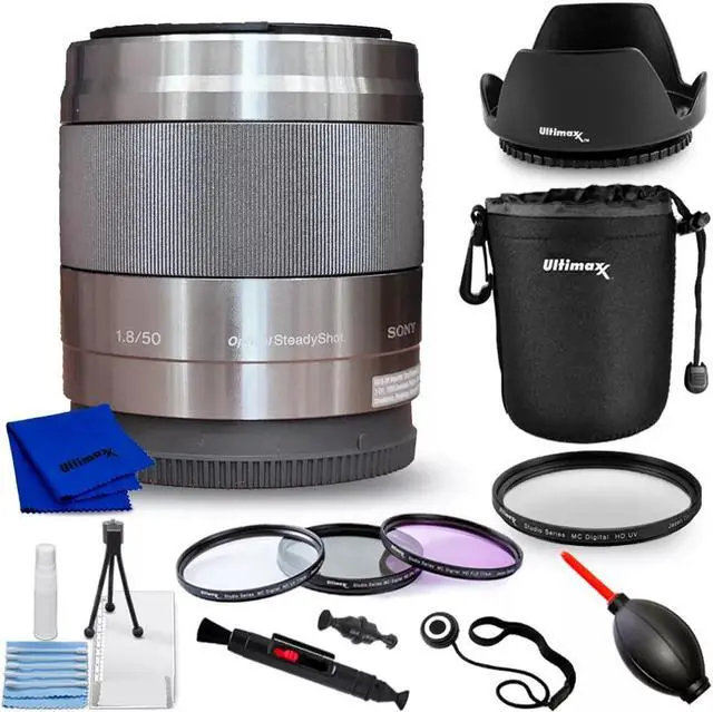 Main image of Sony E 50mm f/1.8 OSS Lens (Silver) SEL50F18 - 10PC Accessory Bundle
