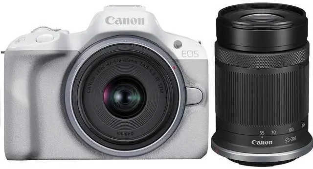 Main image of Canon EOS R50 Mirrorless Camera w/ 18-45mm and 55-210mm Lenses (White)