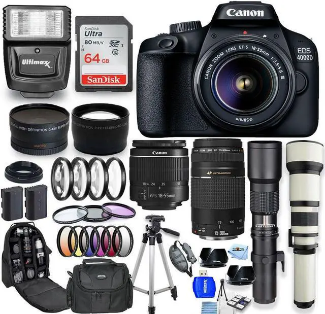 Main image of Canon EOS 4000D / Rebel T100 18-55mm + 75-300mm + 500mm + 650-1300mm 64GB Bundle